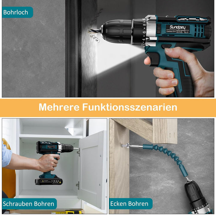 Sundpey Akkuschrauber 21V Akku Bohrmaschine - Akku Bohrschrauber mit 2x2000mAh Akku, 45 N.m Max, 2-G