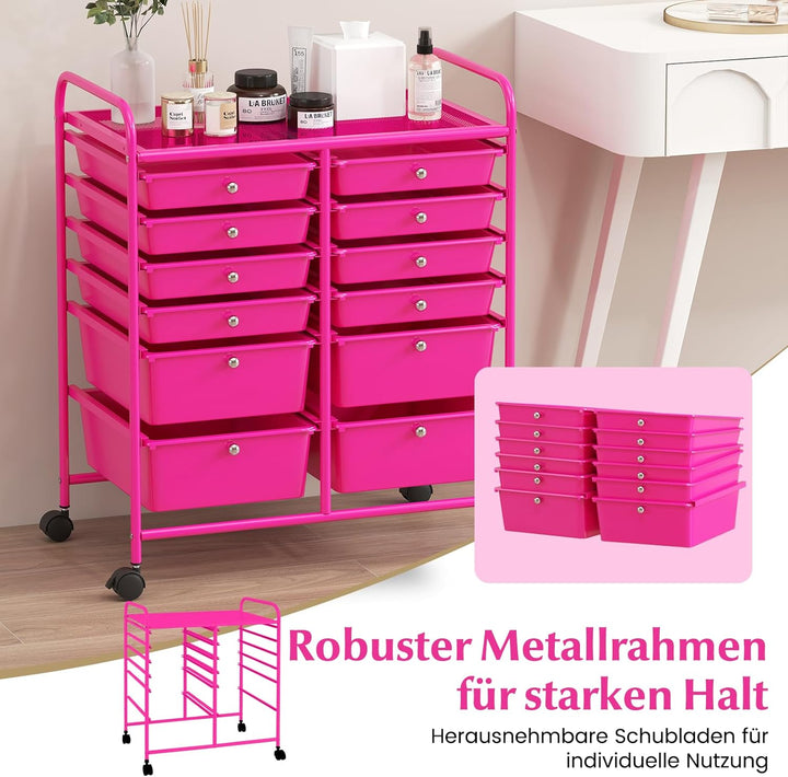 COSTWAY Rollwagen mit 12 stapelbaren Schubladen, Schubladenwagen Rollcontainer mit Metallgestell und