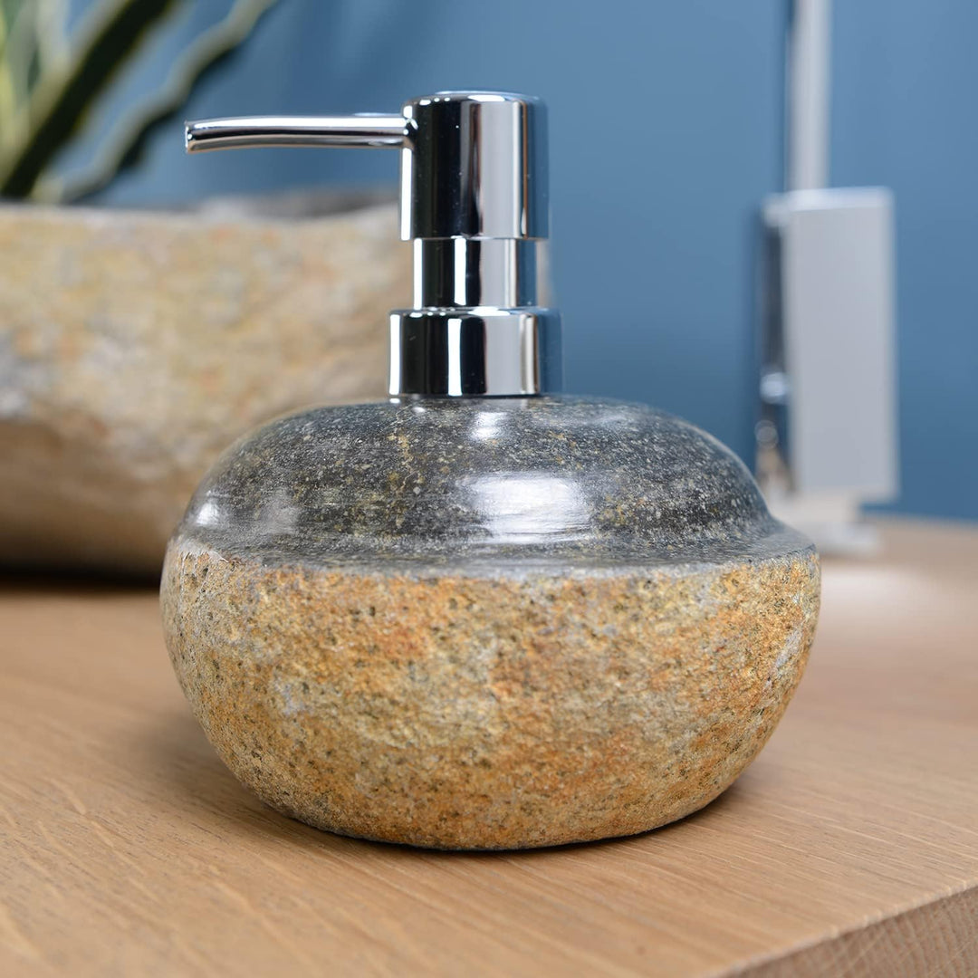 Wohnfreuden Flussstein Seifenspender 120 ml grau - Unikat Waschbecken Zubehör Bad WC Garten Naturste