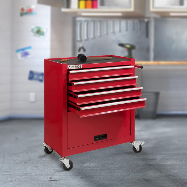 Arebos Werkstattwagen 4 Fächer + grosses Fach für Werkzeug | inkl. Antirutschmatten |kugelgelagerte