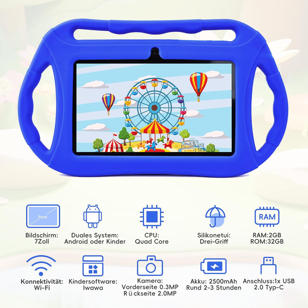 Veidoo Kinder Tablet 7 Zoll Android Tablet 32GB, WiFi, GMS, Dual-Kamera, Elterlicher Kontrolle, Lern