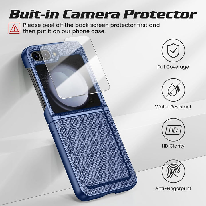 für Samsung Galaxy Z Flip 5 Hülle mit Scharnierschutz & Displayschutzfolie, Rutschfester Textur, Har