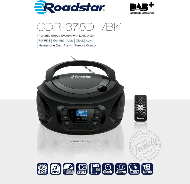 Roadstar CDR-375D+/BK Tragbares Radio CD Player, Spieler CD-MP3, CD-R, CD-RW, Radio DAB/DAB+ / FM, U