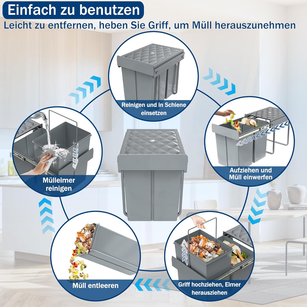 UISEBRT Mülleimer Küche Unterschrank Einbau Abfalleimer Ausziehbar Mülltrennsystem mit Rutsche Kunst