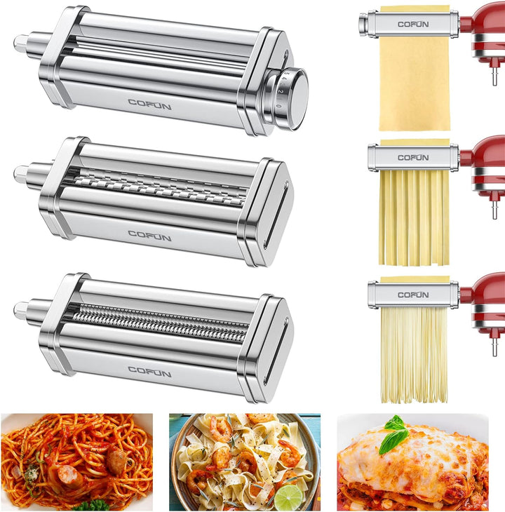 COFUN Edelstahl Nudelaufsatz für Kitchenaid Küchenmaschine, 3-In-1 Kitchen Aid Nudelaufsatz Set, Nud