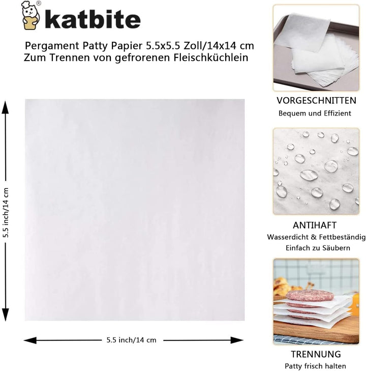 katbite Antihaft Burgerpapier 1000 Stück, 14x14 cm Backpapier für Burgerpresse, Grillzubehör, Trennp