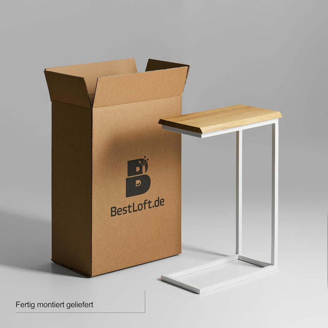 BestLoft® Beistelltisch San Jose Laptoptisch (Gestell weiss+Platte hell MIT Baumkante), Gestell Weis