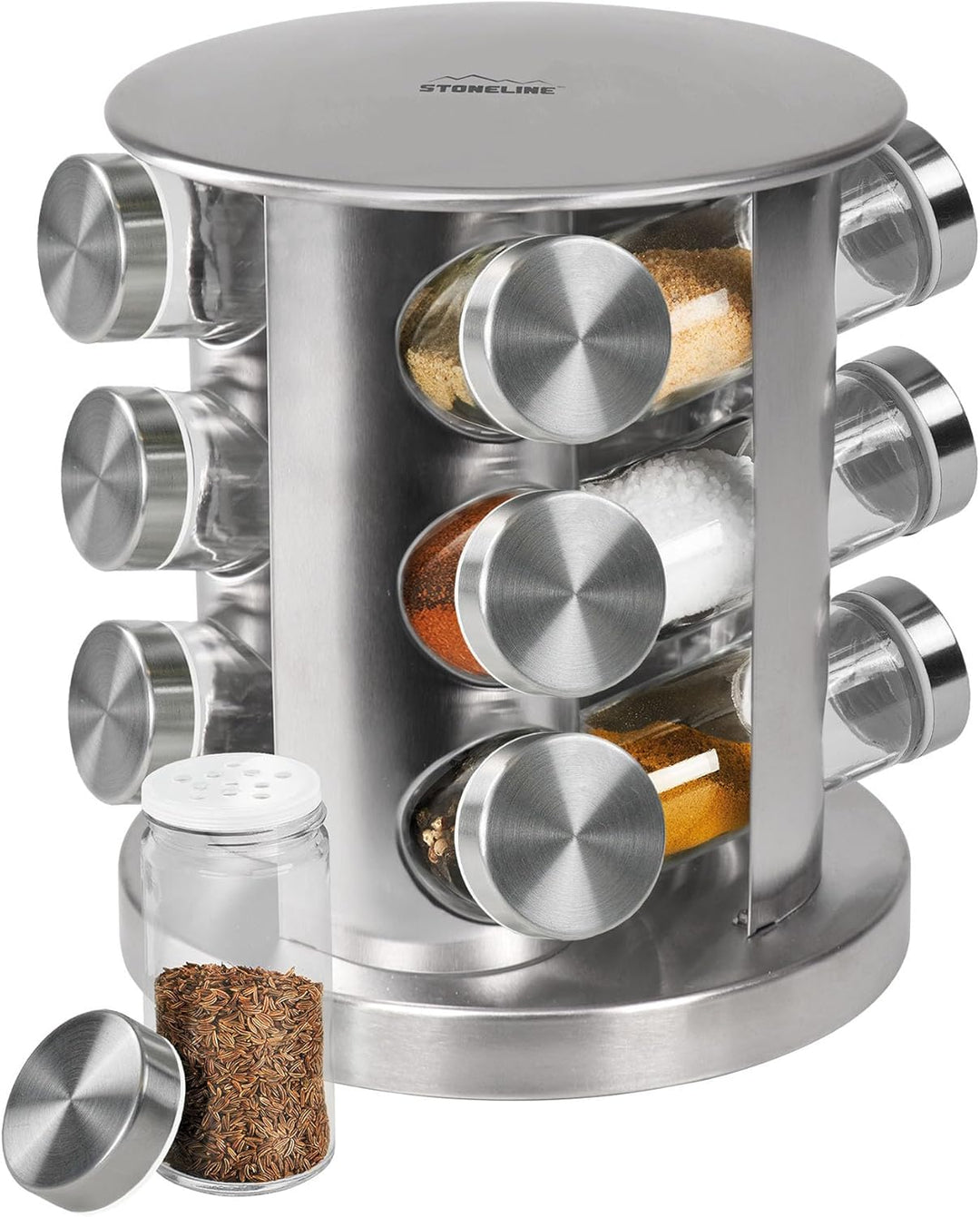 STONELINE Gewürzregal, Gewürzkarussell drehbar aus Edelstahl mit 12 Gewürzgläser, Gewürzregal stehen