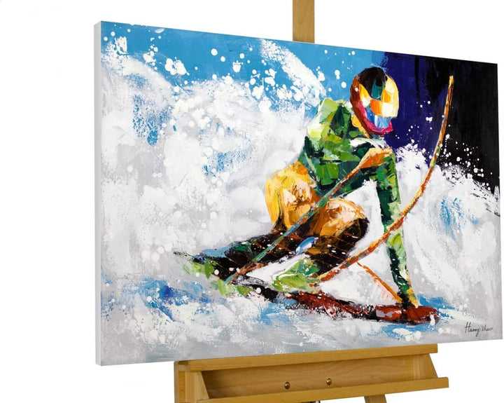 KunstLoft Leinwandbild | 100% HANDGEMALT | 90x60cm | Gemälde 'Ride in the Snow' | Winter | Blau Weis