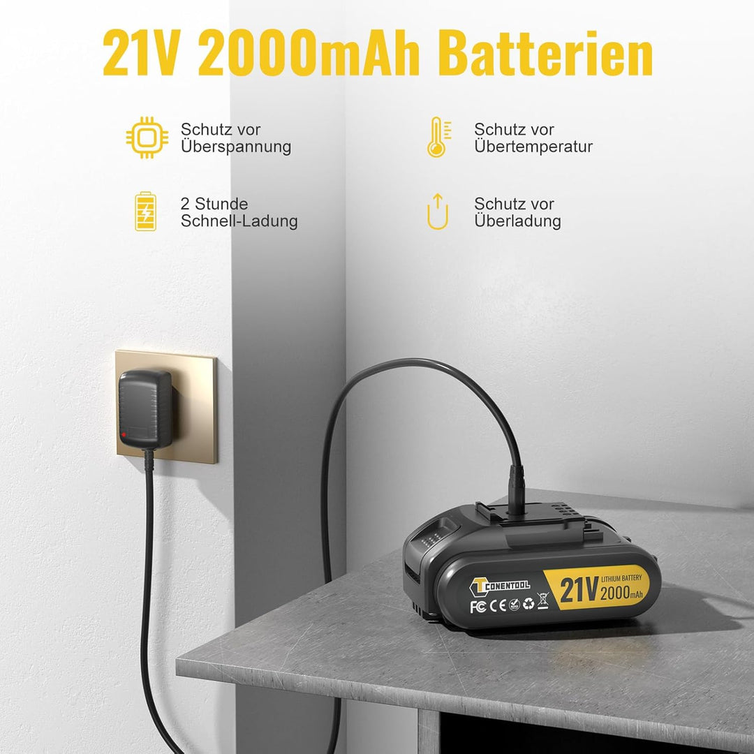 CONENTOOL 21V Akkuschrauber Set, Akku bohrschrauber mit 2000mAh Akkus, 45 N.m Max schlagbohrschraube
