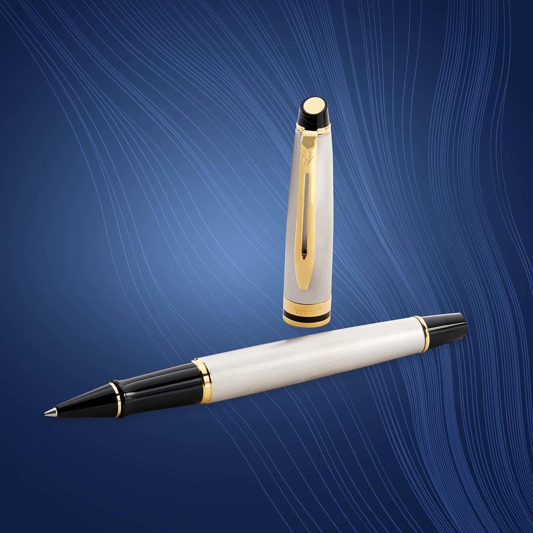 Waterman Expert Tintenroller | Edelstahl | Zierteile aus 23 K Gold| feine Spitze | Schwarz | Geschen