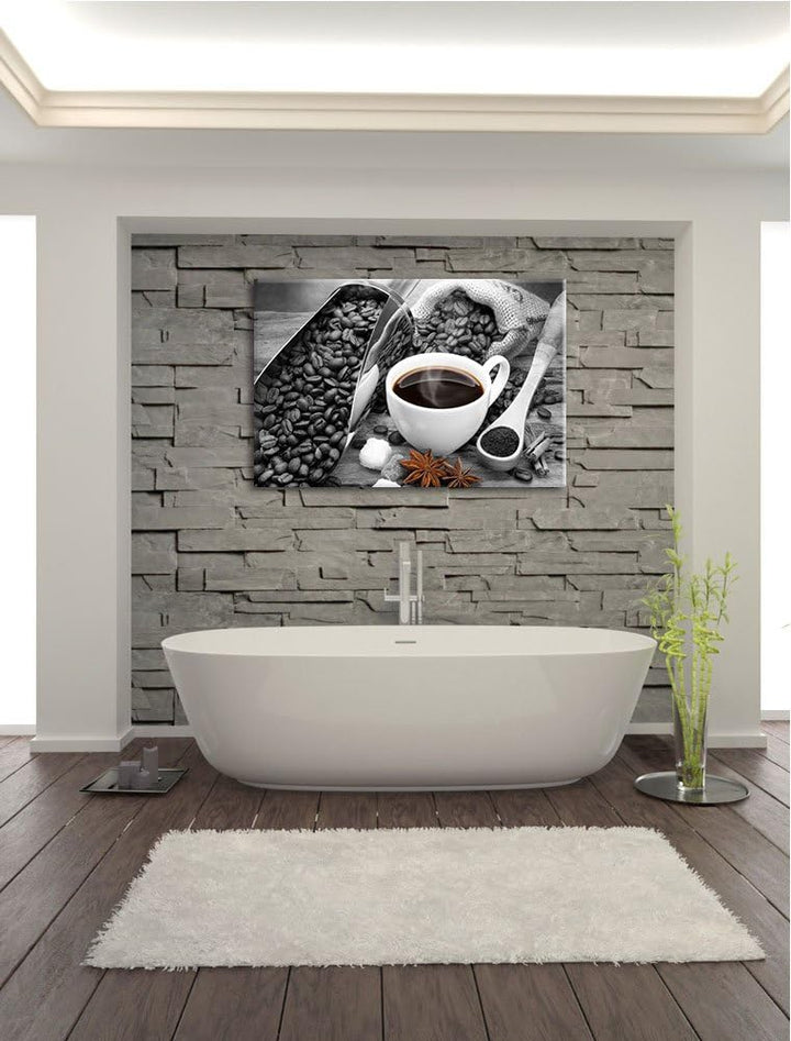 frischer Kaffe neben Kaffeebohnen schwarz/weiss Format: 100x70 auf Leinwand, XXL riesige Bilder fert