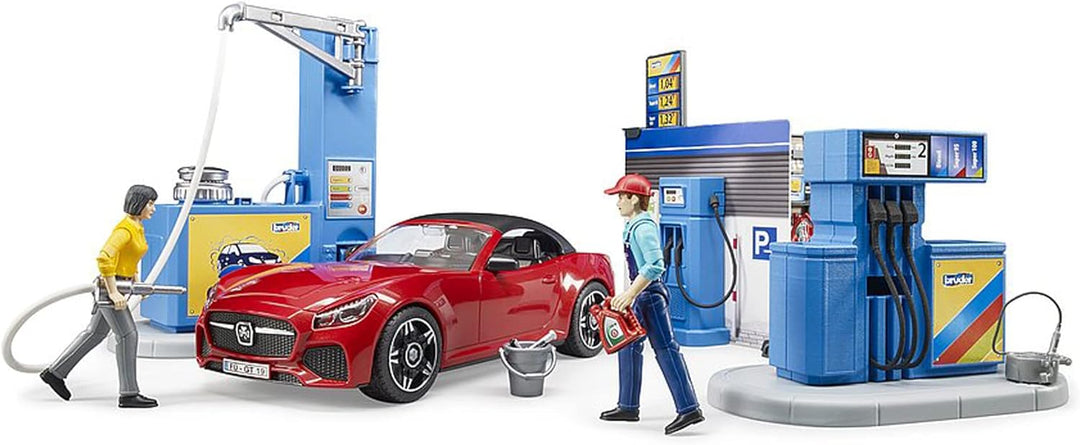 bruder 62111 - Bworld Tankstelle mit Zapfsäule, Ladestation E-Autos, Roadster, Fahrerin, Waschplatz,