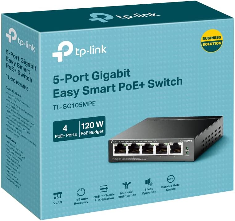 TP-Link TL-SG105MPE 5 Port Managed PoE Switch mit 4 PoE+ Ports (120 Watt, IEEE-802.3af/at PoE,lüfter