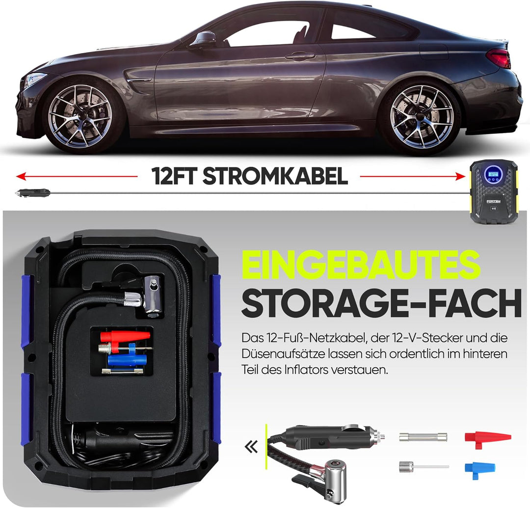 Fortem Tragbarer Kompressor Autoreifen, Kompressor Fahrrad, 12V Autoreifen Pumpe und Fahrradpumpe El