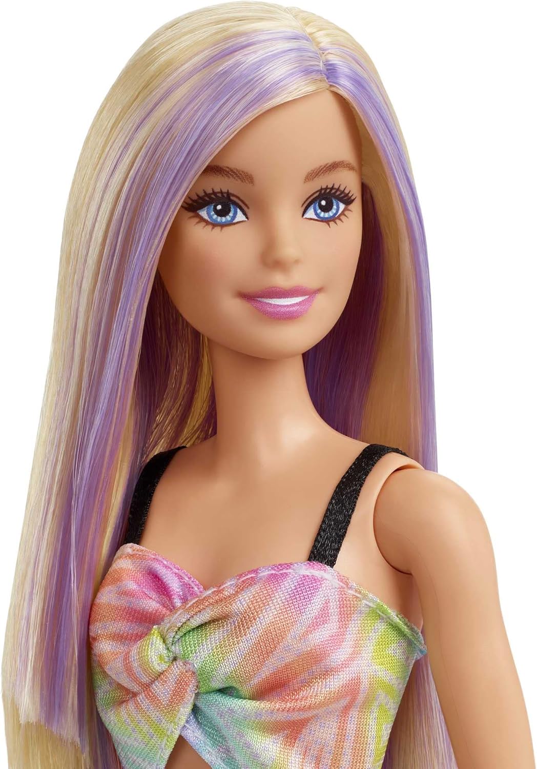 Barbie Fashionistas, Puppe mit blonden Haaren und lila Strähnen, Kleid mit Regenbogen-Ausschnitt, ro