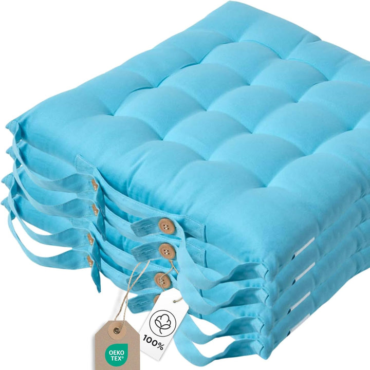 Homescapes 4er Set Stuhlkissen 40 x 40 cm, blau/hellblau, Sitzkissen mit Bändern und Knopfverschluss