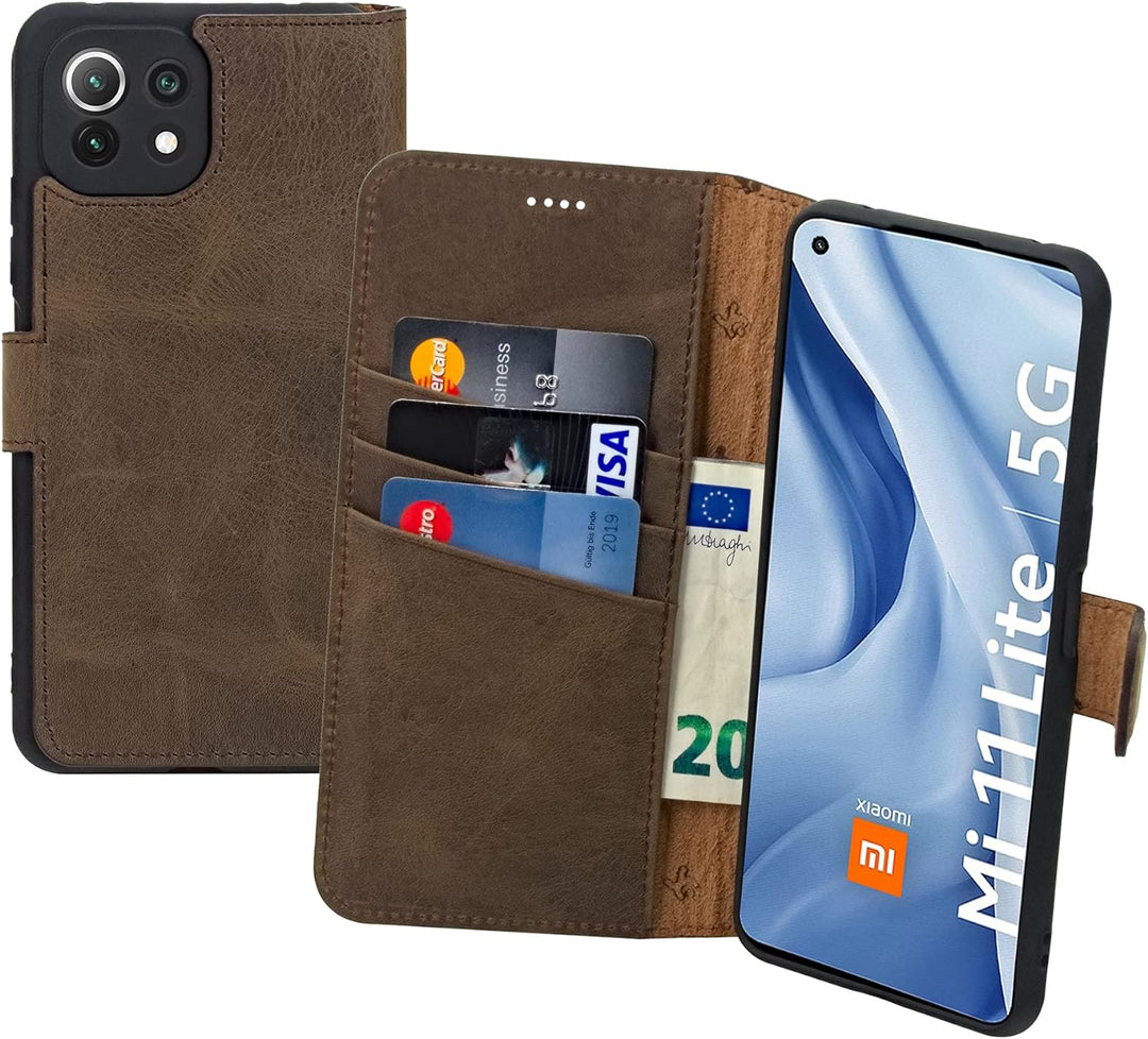 Suncase Book-Style Hülle kompatibel mit Xiaomi Mi 11 Lite 5G Leder Tasche (Slim-Fit) Lederhülle Hand
