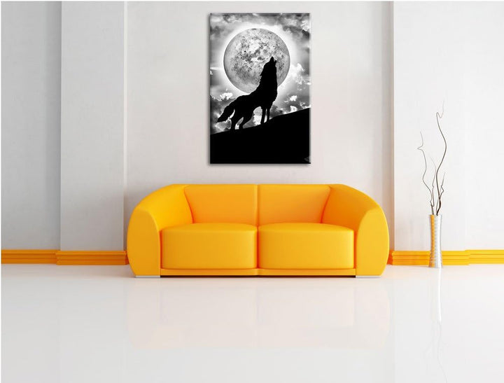 Pixxprint Wolf heult Mond an als Leinwandbild/Grösse: 100x70 cm/Wandbild/Kunstdruck/fertig bespannt,