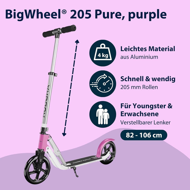 HUDORA BigWheel Pure Scooter - Stabiler Aluminium-Roller mit Ständer - Höhenverstellbarer & zusammen