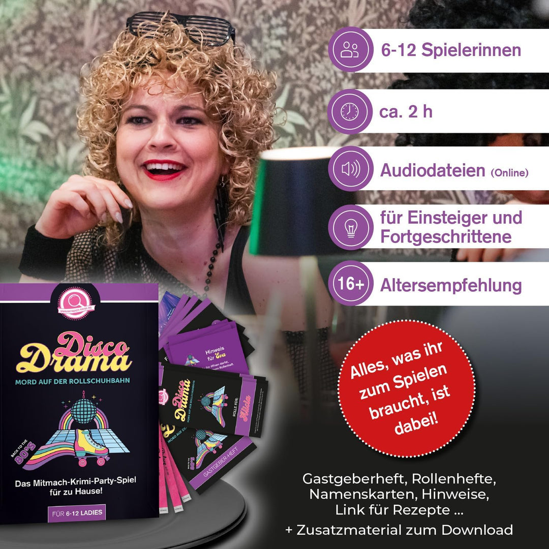 Disco Drama – Mord auf der Rollschuhbahn, Krimidinner für Frauen – für 6 – 12 Personen, für Mädchena