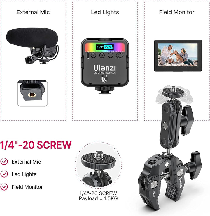 ULANZI R094 Klemmstativ Kamera, Magic Arm mit Super Clamp Crab und 360° Doppelkugelkopf mit 1/4" & 3