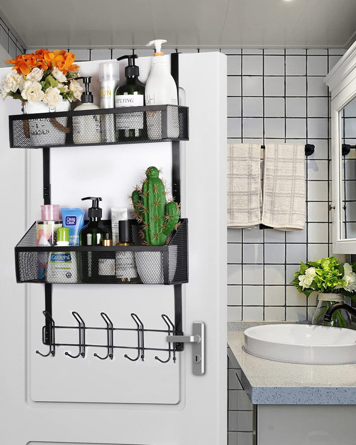 ENONCI Türhaken Zum Einhängen 15 Kleiderbügel Hakens mit 2 Mesh Korb über Tür Lagerung Rack, Kleider