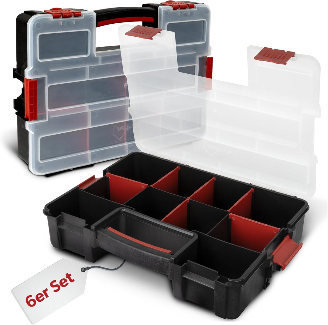 6 x siwitec Sortimentskasten, 10 Fächer und 6 anpassbare Trennstege, stapelbar, Sortimentsbox Kleint
