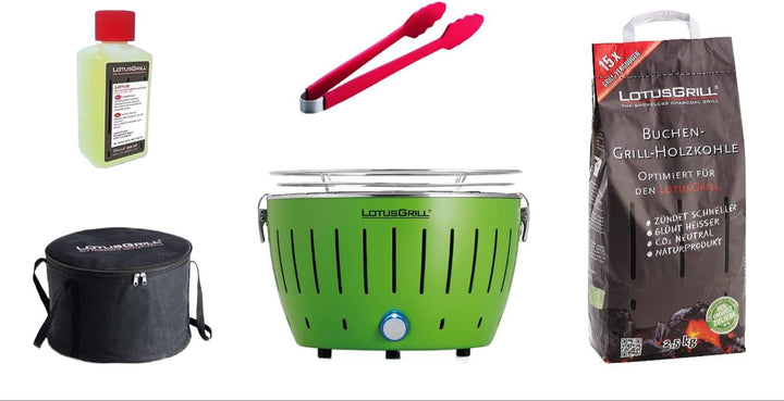 LotusGrill S Small Kompakt Starter-Set Limettengrün der raucharme Holzkohlegrill mit 2,5 kg Buchenho