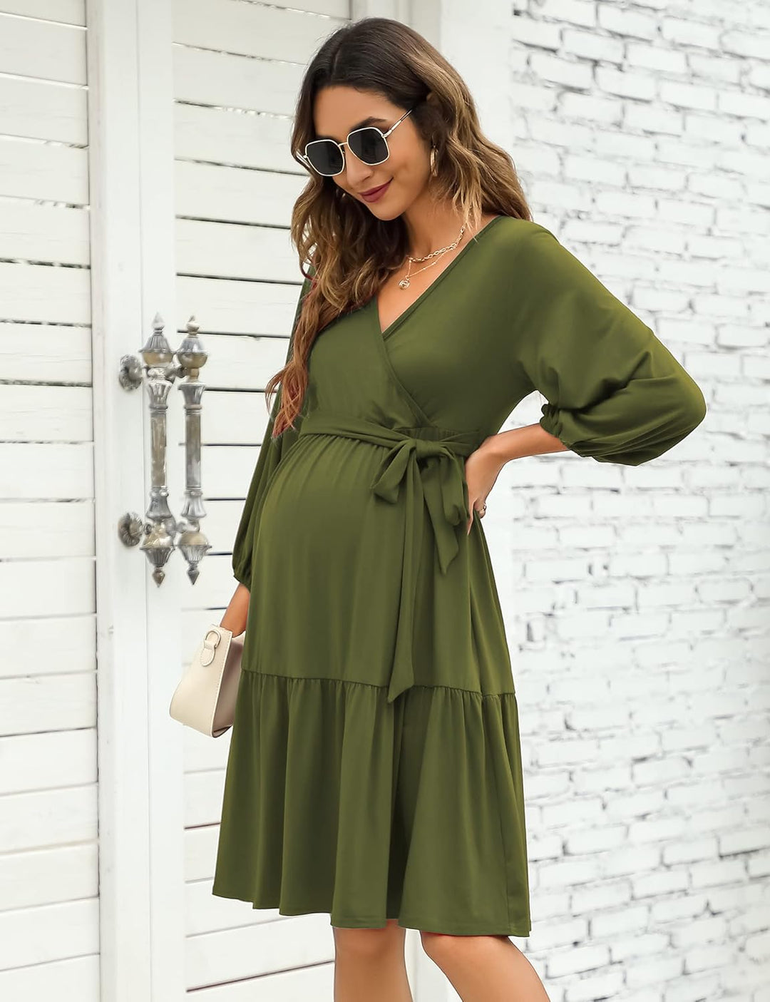 KOJOOIN Damen Umstandskleid V-Ausschnitt 3/4 Ärmel Stillkleid Rüschen Schwangerschafts Kleider mit G