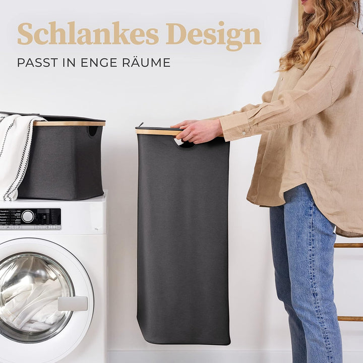 HENNEZ 100L Wäschekorb mit Deckel Grau - herausnehmbaren Wäschesack Wäschesammler schmal mit Deckel