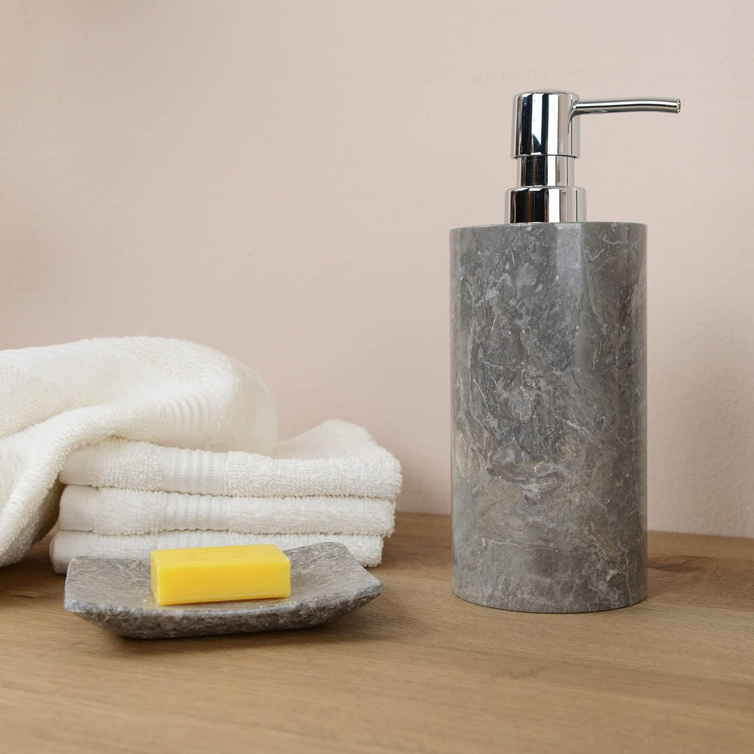 WOHNFREUDEN Naturstein Marmor Seifenspendernatur grau 15 cm + Dosierpumpe Stein