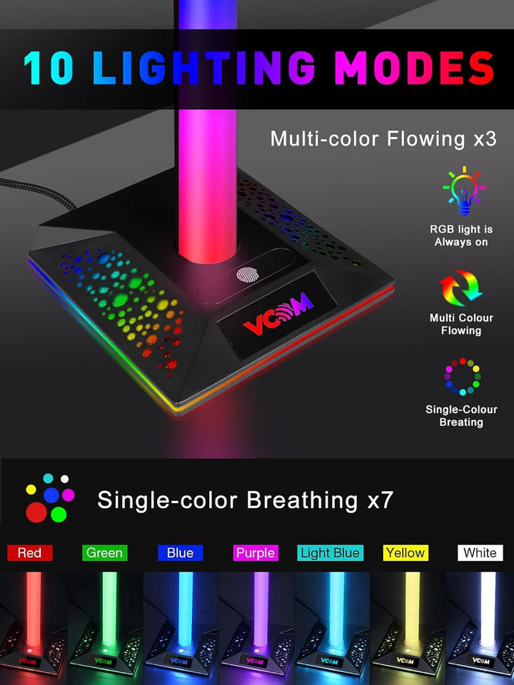 VCOM RGB Gaming Kopfhörer Ständer mit 10-Licht Modi, Controller Halter mit 2 USB Ports, PC Gaming Zu