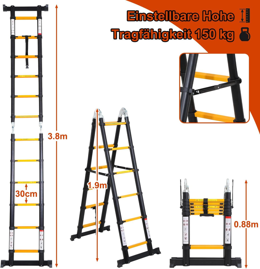 Cecaylie Teleskopleiter Klappleiter Aluminium, 3.8M(1.9M+1.9M) Ausziehbare Leiter mit Stabilisatoren
