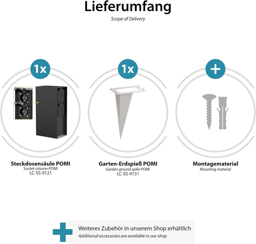 ledscom.de Garten-Steckdosen-Säule POMI mit Erdspiess für aussen, IP44, 4-Fach, schwarz, eckig, 23cm