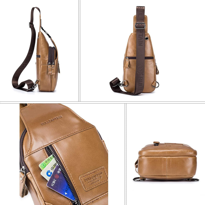 LOONGYOON Herrenbrusttasche aus Leder Umhängetasche mit Kopfhöreröffnung Studie über Sportreisen Mul