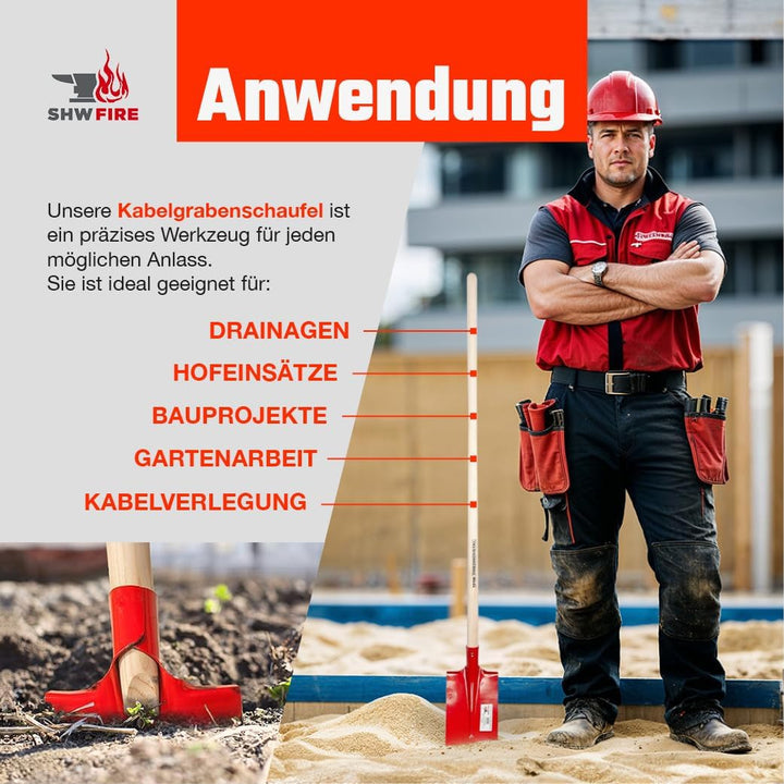 SHW-FIRE Kabelgrabenschaufel, 30x16cm, robuster Spezialstahl, Trittschutz, Profi Grabenschaufel