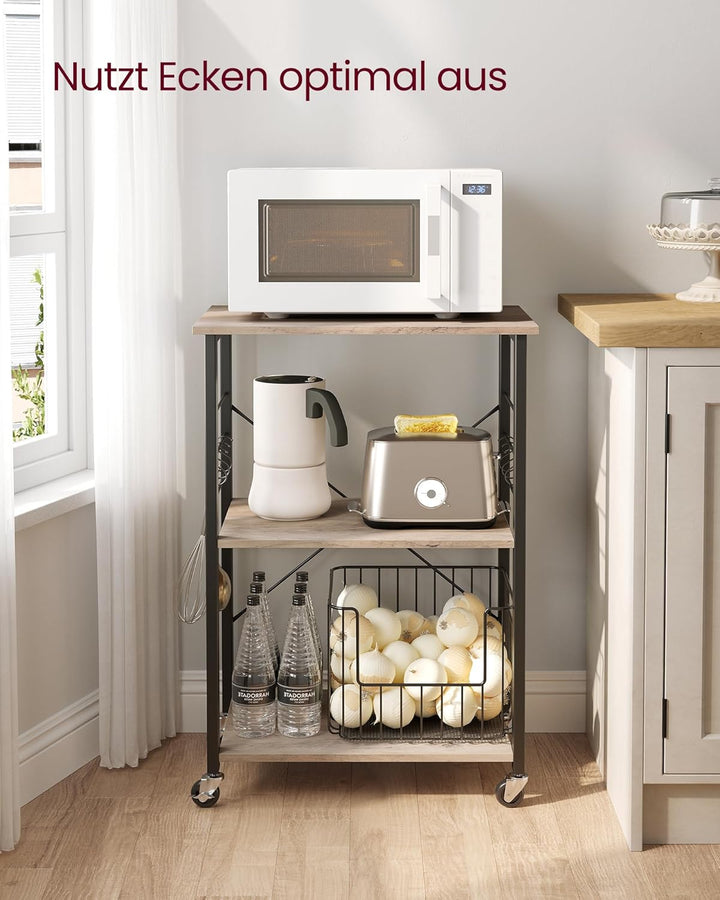 VASAGLE Küchenregal auf Rollen, Servierwagen, 3 Ebenen, Küchenwagen, für Mini-Backofen, Mikrowellen,