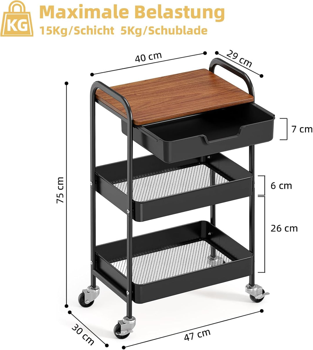 KINGRACK Aufbewahrungswagen 3-Tier mit Tischplatte, Multifunktionswagen aus Metall für Küche, Haus,