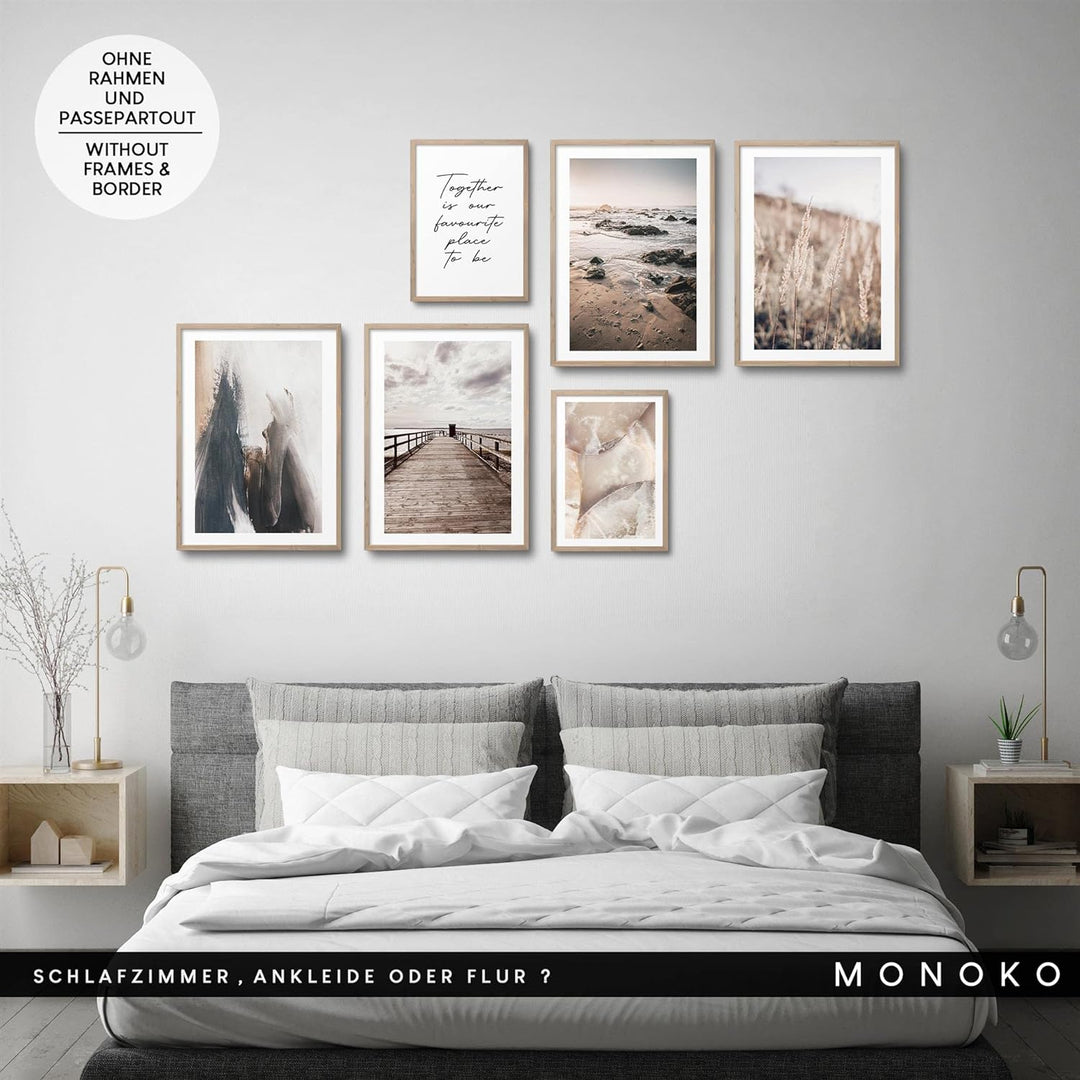 MONOKO® Natur Wandbilder Wohnzimmer Modern | Bilder Beige Schlafzimmer | Poster Set Meer 4xA3 + 2xA4