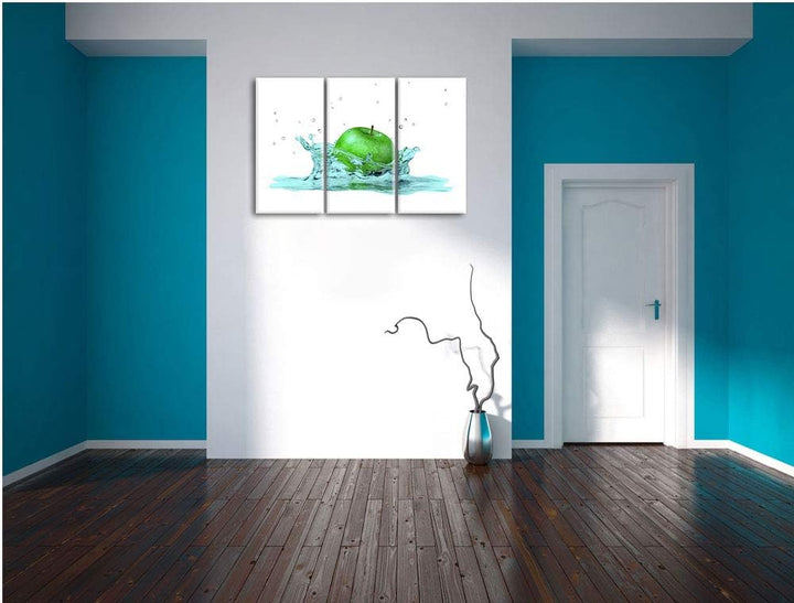 green Apple, Grüner Apfel fällt in Wasser schwarz/weiss 3-Teiler Leinwandbild 120x80 Bild auf Leinwa