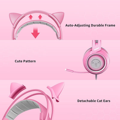 Somic G951S Rosa Gaming-Headset mit Mikrofon, Mädchen Frauen Rosa Katze Ohr-Kopfhörer mit 3,5-mm-Kab