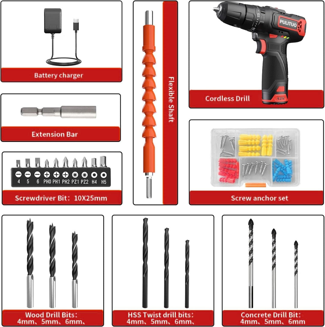 Akku-Schlagbohrmaschine 12 V, PULITUO schlagbohrschrauber set, Akkuschrauber mit 3/8" Metallfutter,