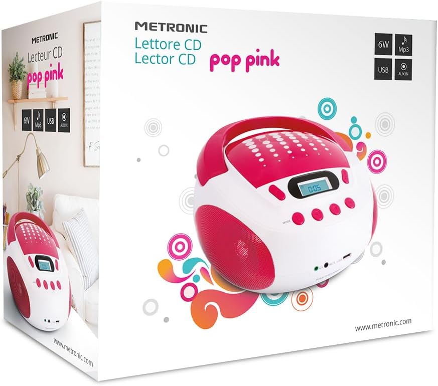 Metronic CD-Player für Kinder, MP3, Pop Pink, mit USB-Port, Stromversorgung oder Batterien, Weiss un