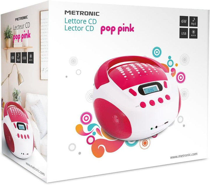 Metronic CD-Player für Kinder, MP3, Pop Pink, mit USB-Port, Stromversorgung oder Batterien, Weiss un