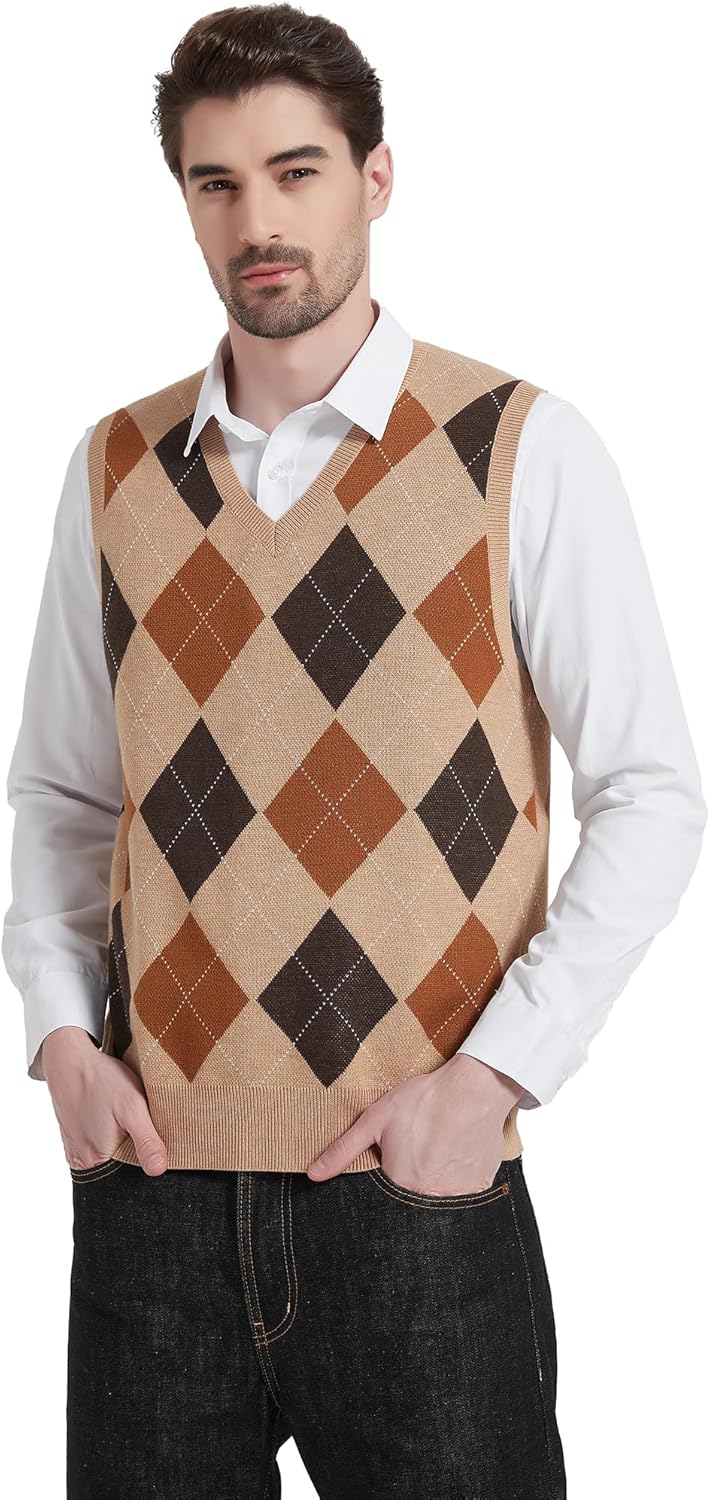Kallspin Herren Argyle Gestrickt Ärmellos Pullover Wollmischung V-Ausschnitt Strickwesten 3XL Khaki,