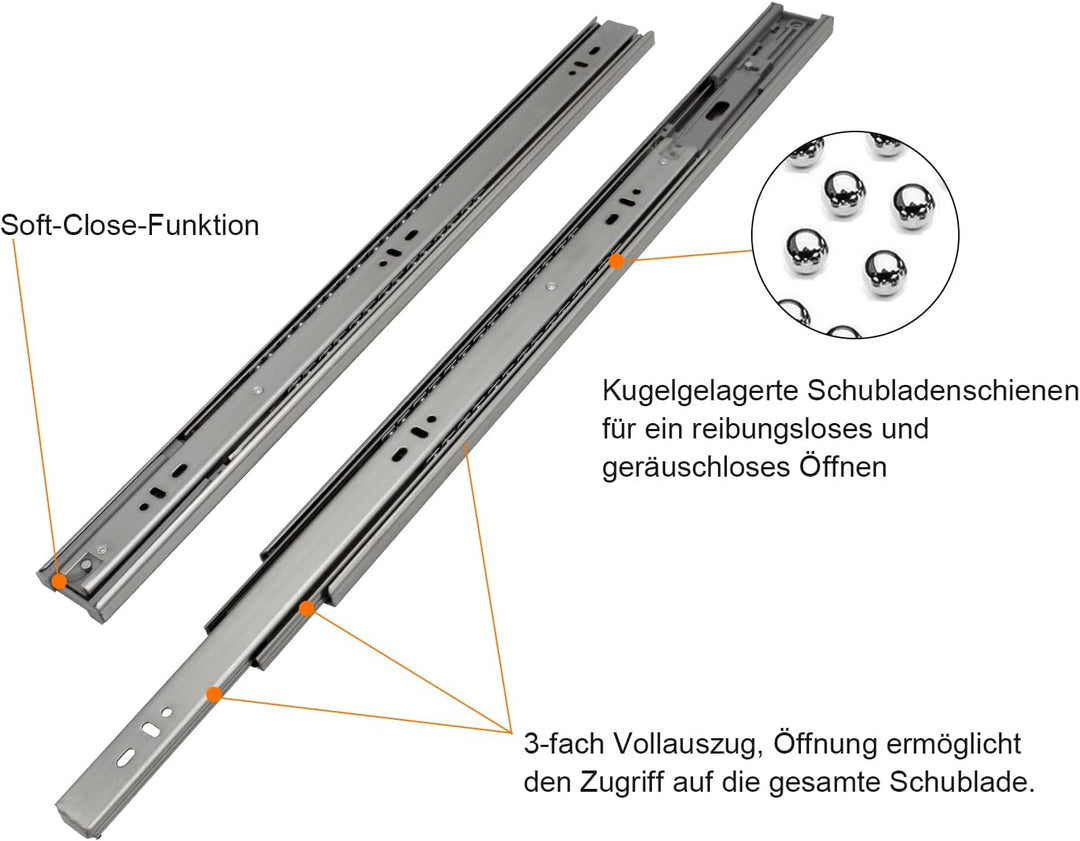Ansobea Schubladenschienen 600mm, Kugelführungen mit 45 kg Tragkraft Vollauszüge, Schubladenauszug T