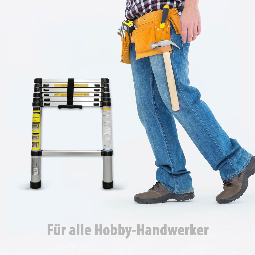 Eaxus® Teleskopleiter 2,0m - Aluminium Mehrzweckleiter Ausziehbar mit 7 Stufen, Silber 2,0 Meter, 2,