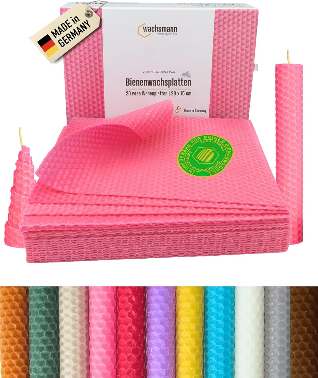 Wachsmann 20 Bienenwachsplatten aus Deutschland, rosa, Wachsplatten 20 x 15 cm, Bienenwachs Kerzen s