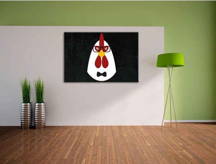 Hipster Huhn schwarz, Format: 100x70 auf Leinwand, XXL riesige Bilder fertig gerahmt mit Keilrahmen,